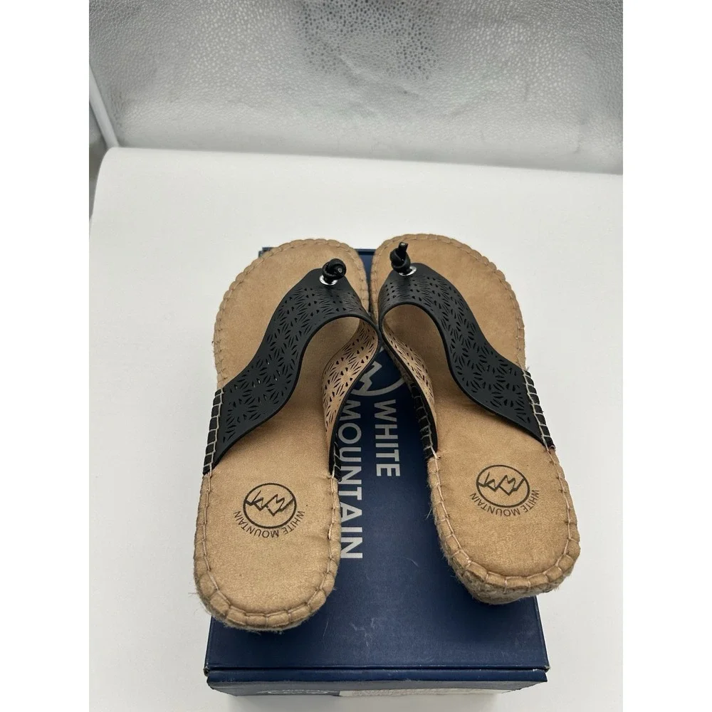 New White Mountain Beaux Perforated Thong Espadrille Wedge Sandals Black Size 11